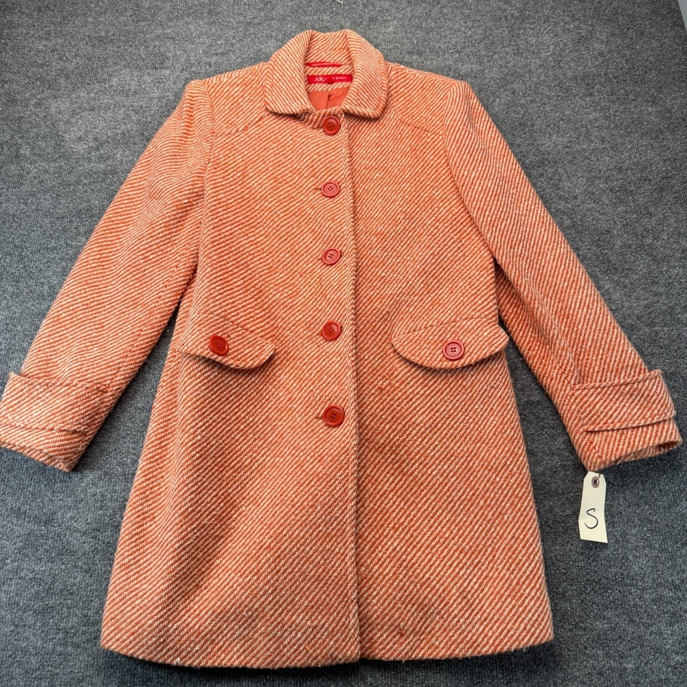 AK Anne Klein Vintage Women's Orange Tweed Wool Blend Peacoat Overcoat Size S